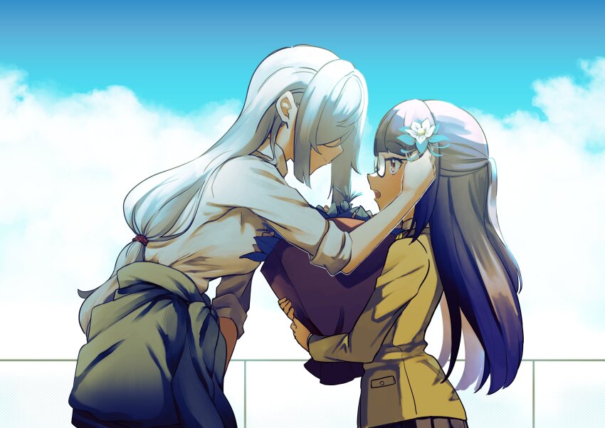 2girls, absurdres, bakaryuu, black_hair, blue_flower, bouquet, breasts, brown_eyes