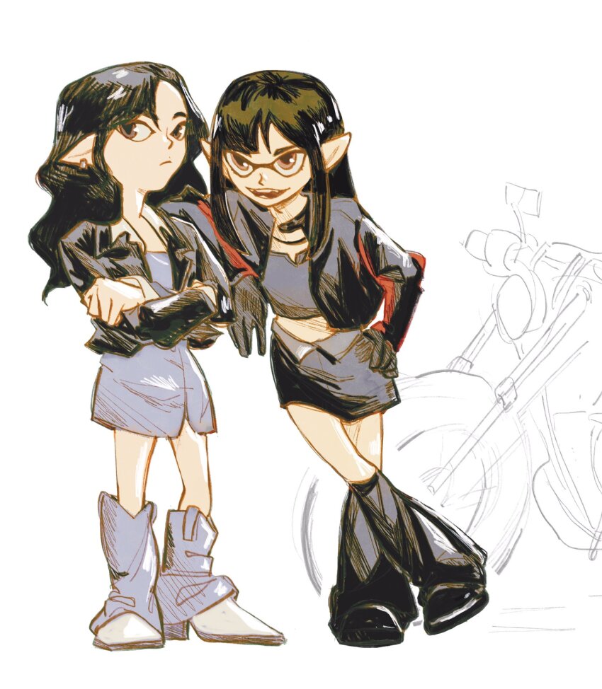 2girls, alternate_species, black_eyes, black_gloves, black_jacket, black_leg_warmers, black_shirt, black_skirt