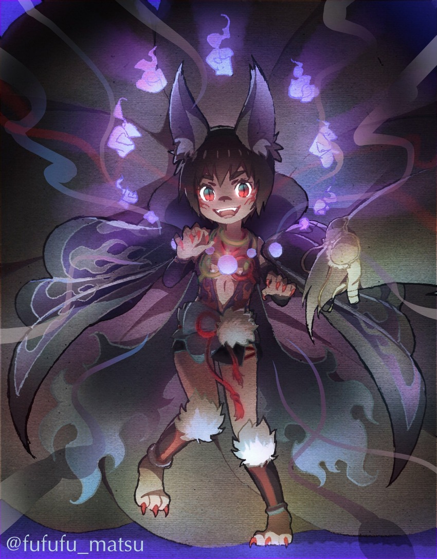 animal_ear_fluff, animal_ears, barefoot, black_cape, blue_fire, brown_hair, cape, clothing_cutout