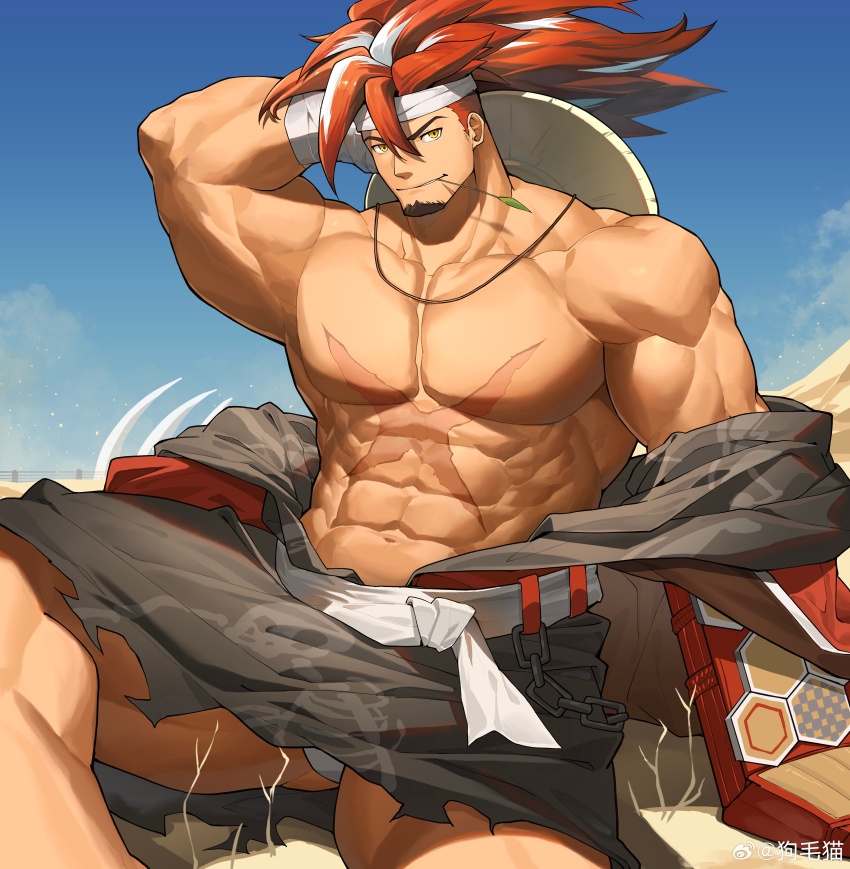 1boy, abs, absurdres, alchemy_stars, bara, bare_pectorals, bulge_peek, clothes_down