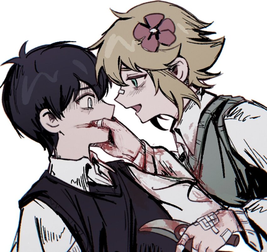 2boys, basil_(faraway)_(omori), basil_(omori), black_hair, black_sweater_vest, blonde_hair, blood, blood_on_face, blood_on_hands, blue_eyes, blush, collared_shirt, flower, green_sweater_vest, hair_flower, hair_ornament, holding, holding_weapon, long_sleeves, looking_at_another, multiple_boys, niu_tata, omori, open_mouth, shirt, short_hair, spoilers, sunny_(omori), sweater_vest, weapon, white_eyes, white_shirt