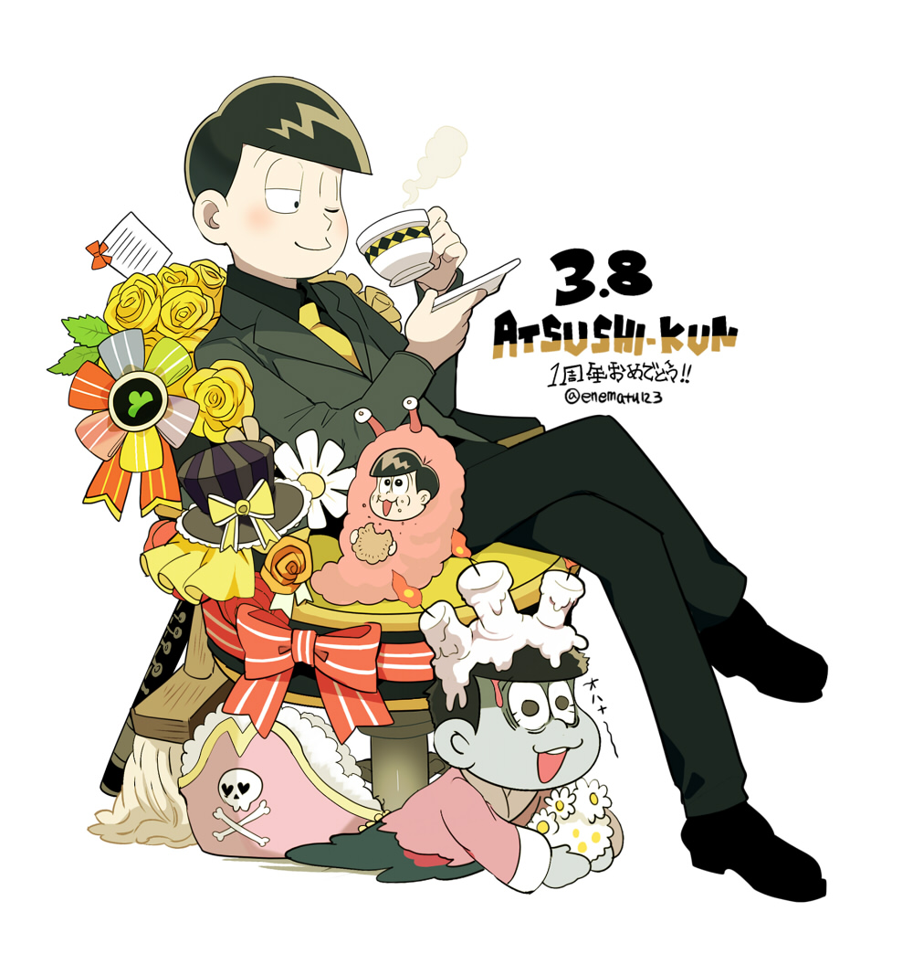 3boys, atsushi_(osomatsu-san), bouquet, colored_skin, creature, crossed_legs, cup, flower