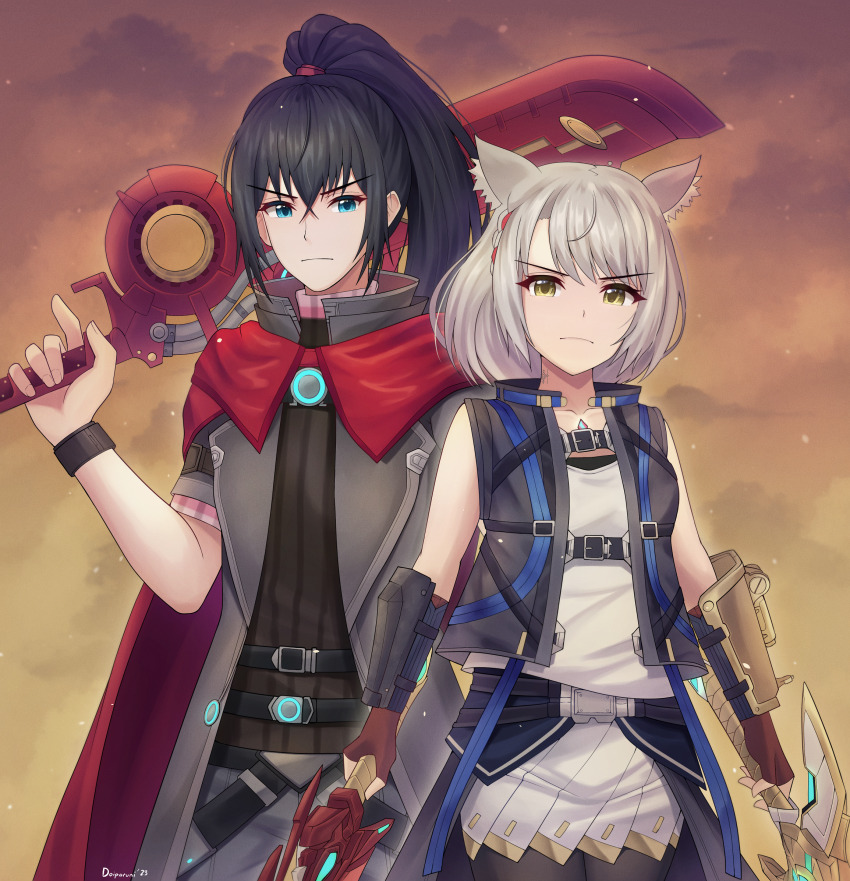 1boy, 1girl, aegis_sword_(xenoblade), animal_ears, black_hair, blue_eyes, breasts, camisole