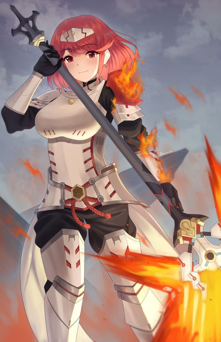 1girl, armor, armored_boots, boots, breastplate, breasts, cammuravi_(xenoblade), cammuravi_(xenoblade)_(cosplay), closed_mouth, cloud, cloudy_sky, cosplay, day, doiparuni, fire, flaming_weapon, headpiece, highres, holding, holding_polearm, holding_weapon, large_breasts, looking_at_viewer, outdoors, polearm, pyra_(xenoblade), red_eyes, red_hair, sky, solo, spear, weapon, xenoblade_chronicles_(series), xenoblade_chronicles_2, xenoblade_chronicles_3