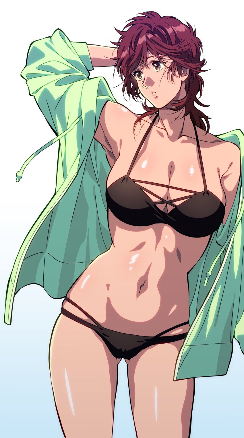 1girl, armpits, bikini, breasts, city_hunter, collarbone, cowboy_shot, gluteal_fold, gradient_background, hand_on_own_head, highres, hood, hoodie, large_breasts, makimura_kaori, medium_hair, navel, parted_lips, red_eyes, simple_background, swimsuit, yellow_eyes, yuu_(masarunomori)