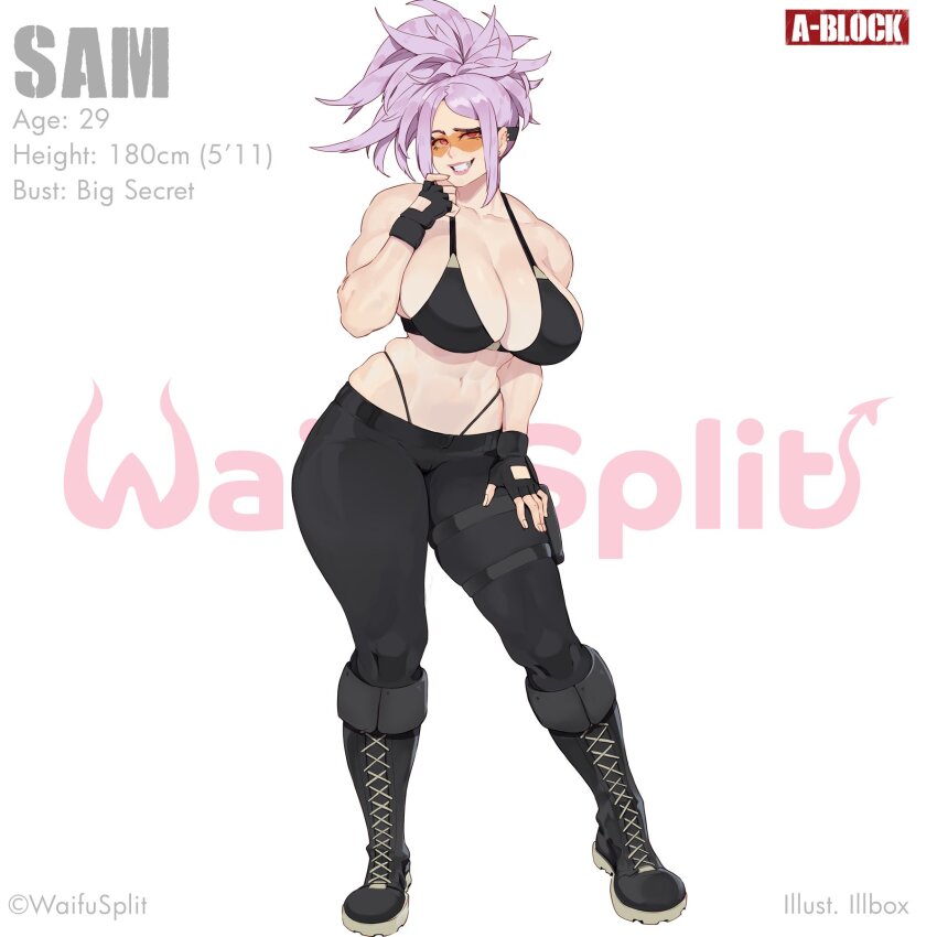 1girl, abs, black_bra, boots, bra, breasts, ear_piercing, evil_smile, fingerless_gloves, full_body, glasses, gloves, highres, illboxart, large_breasts, lips, long_hair, muscular, muscular_female, navel, orange_glasses, pants, piercing, purple_hair, red_eyes, sadism, sam_(waifusplit), smile, spiked_hair, teeth, thong, underwear, waifusplit, whale_tail_(clothing), white_background