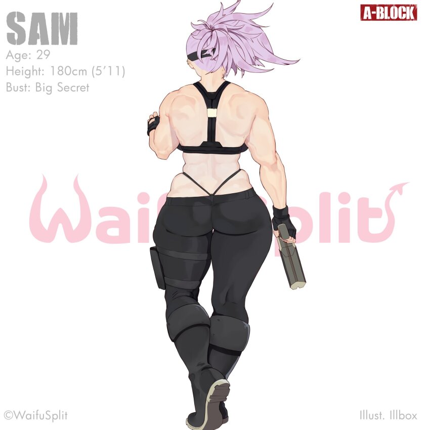 1girl, ass, back, boots, ear_piercing, evil_smile, faceless, faceless_female