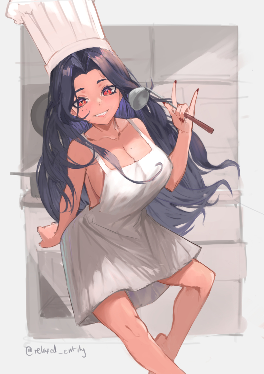 1girl, absurdres, apron, black_hair, breasts, chef_hat, cleavage, commentary