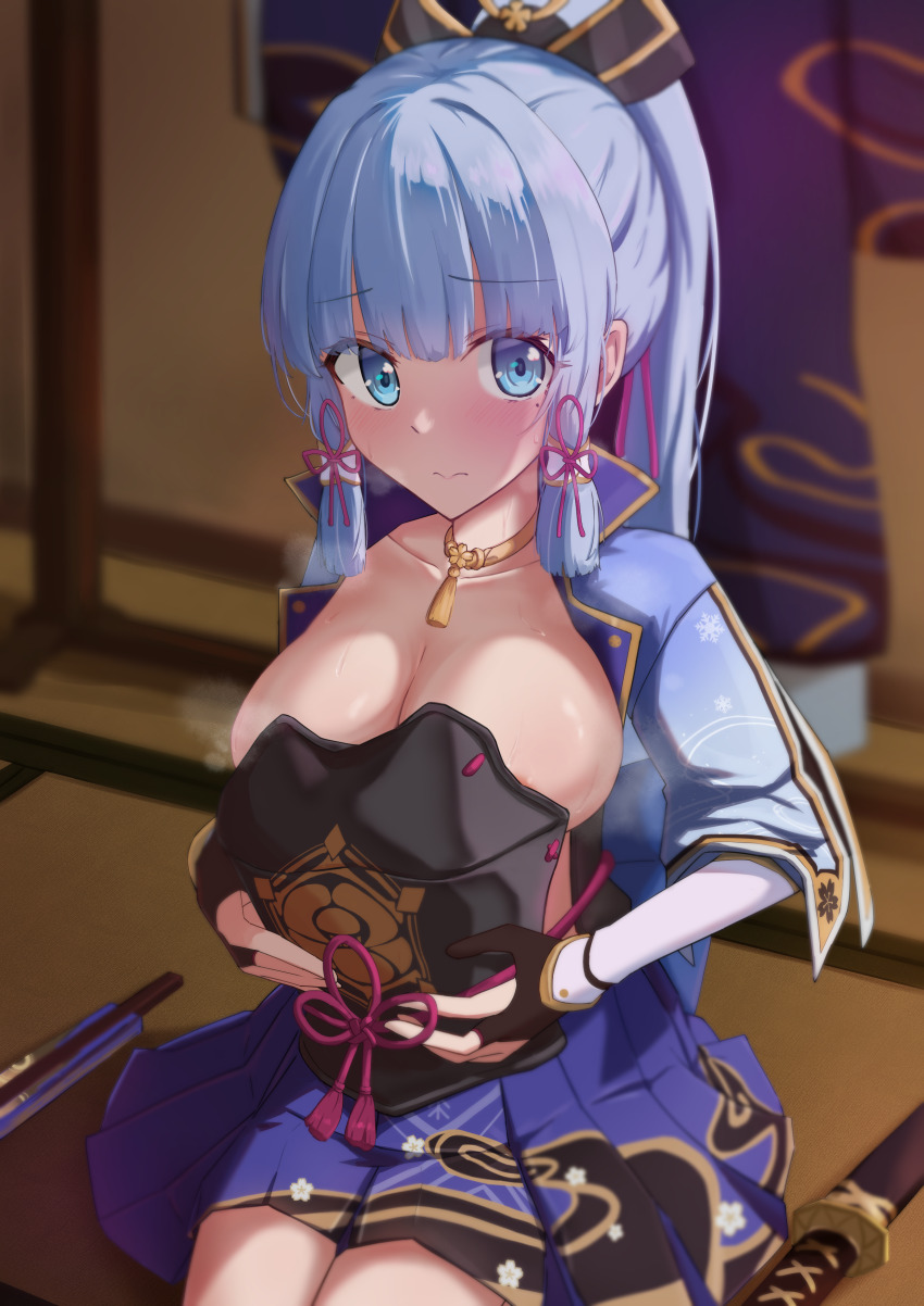 absurdres, ayaka_(genshin_impact), blue_eyes, blue_hair, blue_jacket, blue_skirt, breasts, clothes_lift