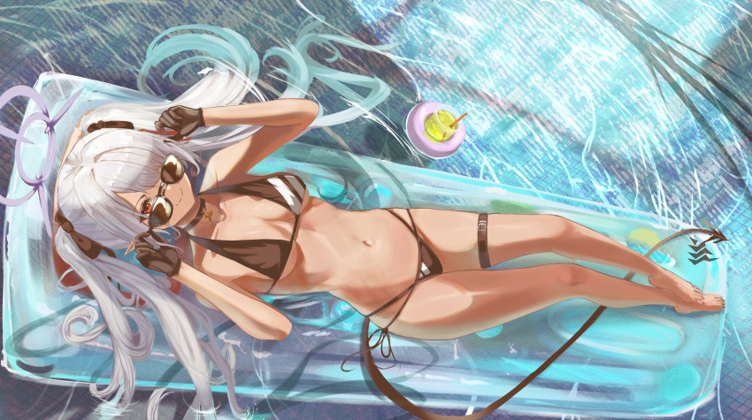 1girl, afloat, armpits, bare_legs, bare_shoulders, barefoot, bikini, black_bikini
