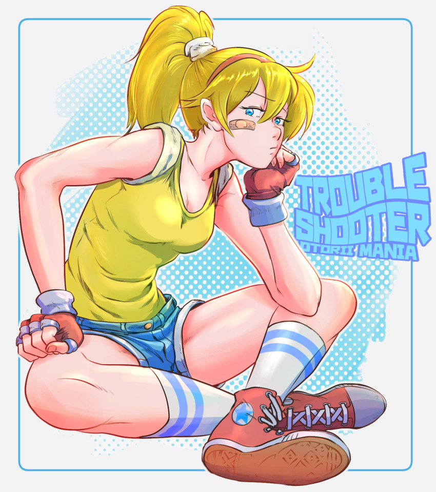 1girl, bandaid, bandaid_on_cheek, bandaid_on_face, battle_mania, bb9_megadrive, blue_shorts, breasts