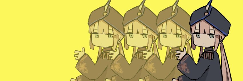 1boy, bad_link, bad_twitter_link, black_coat, black_headwear, blunt_bangs, brown_hair, brown_trim, captain_nemo_(fate), captain_nemo_(second_ascension)_(fate), chibi, closed_mouth, coat, epaulettes, fate/grand_order, fate_(series), from_side, grey_eyes, hands_up, hat_feather, high_collar, lagtrain_(vocaloid), long_hair, long_sleeves, looking_at_viewer, looking_to_the_side, low_twintails, nemo_(fate), no_sclera, parody, recurring_image, salieri_22, sidelocks, simple_background, turban, twintails, twitter_banner, wide_sleeves, yellow_background