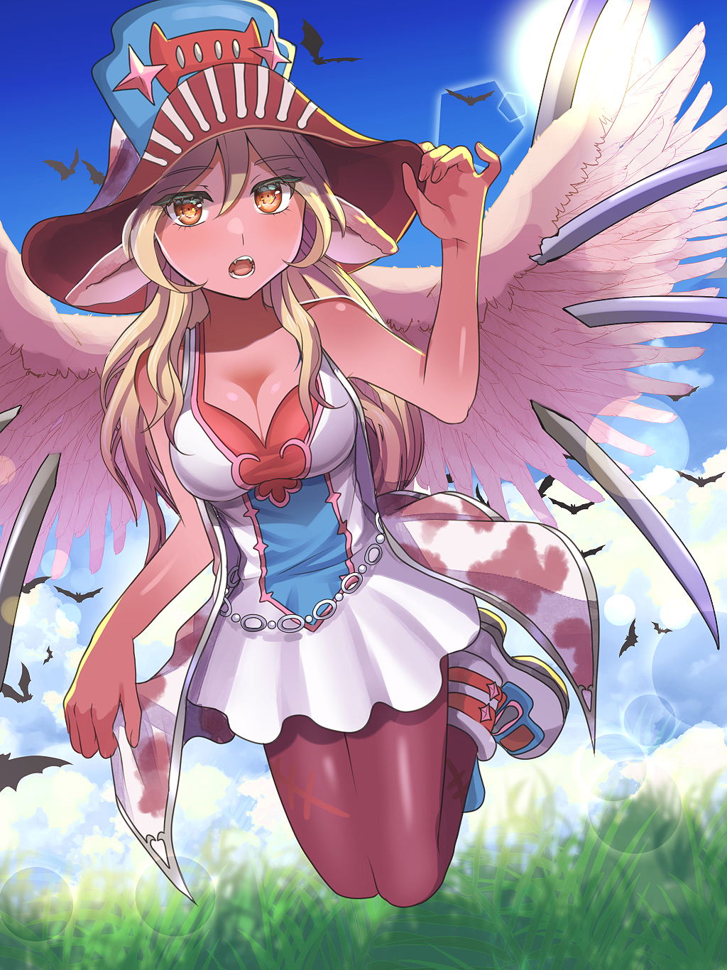 1girl, animal_ears, artist_request, bare_shoulders, bat_(animal), bat_ears, blonde_hair, blue_sky, breasts, colored_skin, dress, duel_monster, eyebrows_hidden_by_hair, fangs, feathered_wings, flying, full_body, hair_between_eyes, hat, highres, large_breasts, long_hair, looking_at_viewer, monster_girl, pink_skin, pinyata_(pinyaland), red_eyes, shiny_skin, sky, vampire, vampire_sucker, vest, waist_cape, white_dress, white_headwear, white_vest, wings, yu-gi-oh!