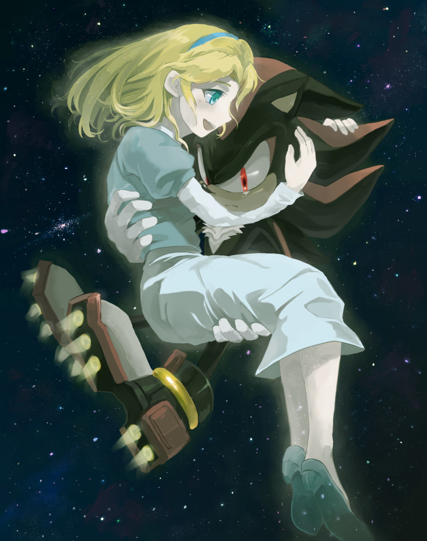 1boy, 1girl, alternate_eye_color, animal_ears, animal_nose, aqua_eyes, black_footwear, black_fur