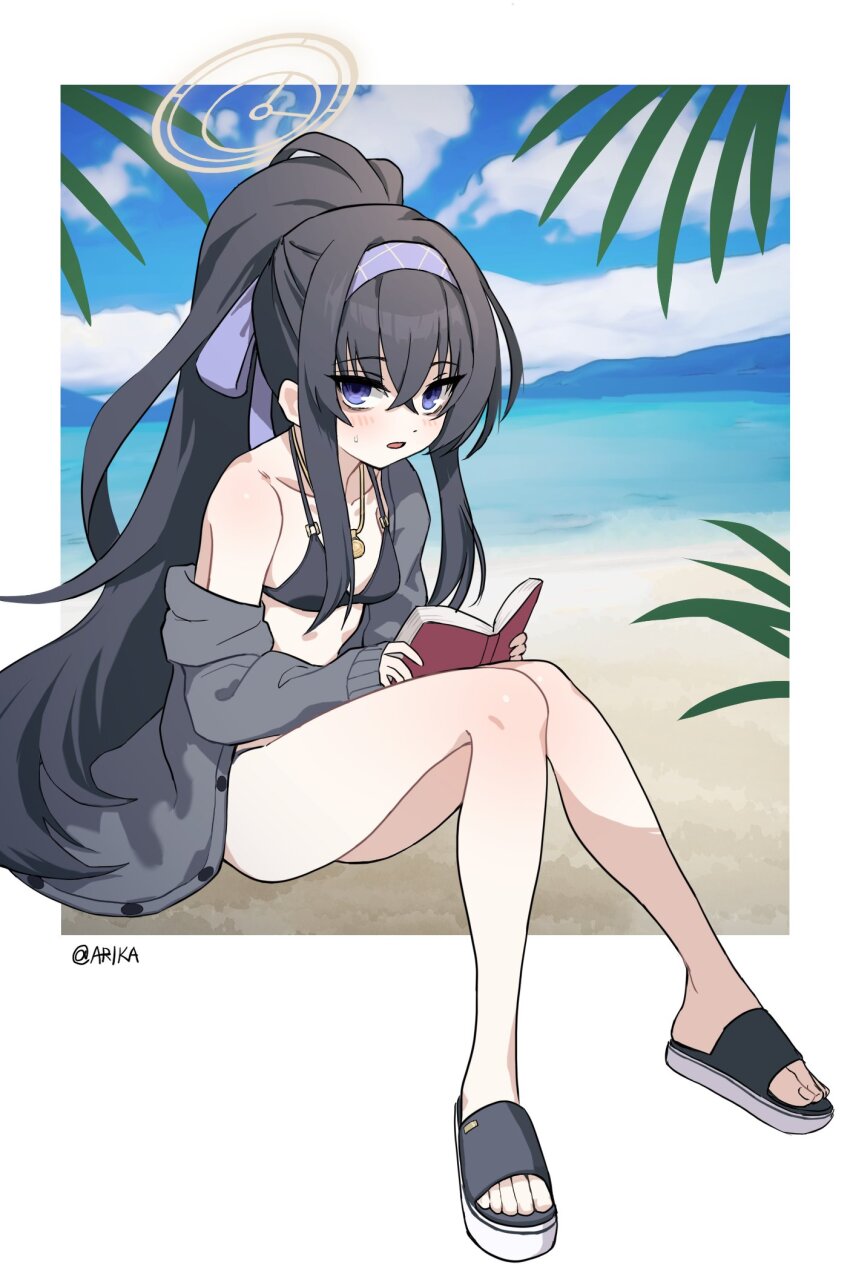 1girl, arikacoco, bags_under_eyes, beach, bikini, black_bikini, black_hair, blue_archive