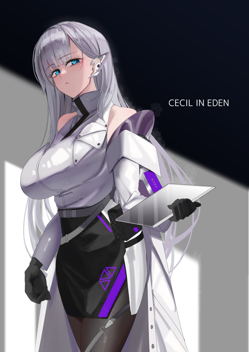 1girl, absurdres, black_gloves, black_skirt, blue_eyes, blunt_bangs, breasts, cecil_(nikke)