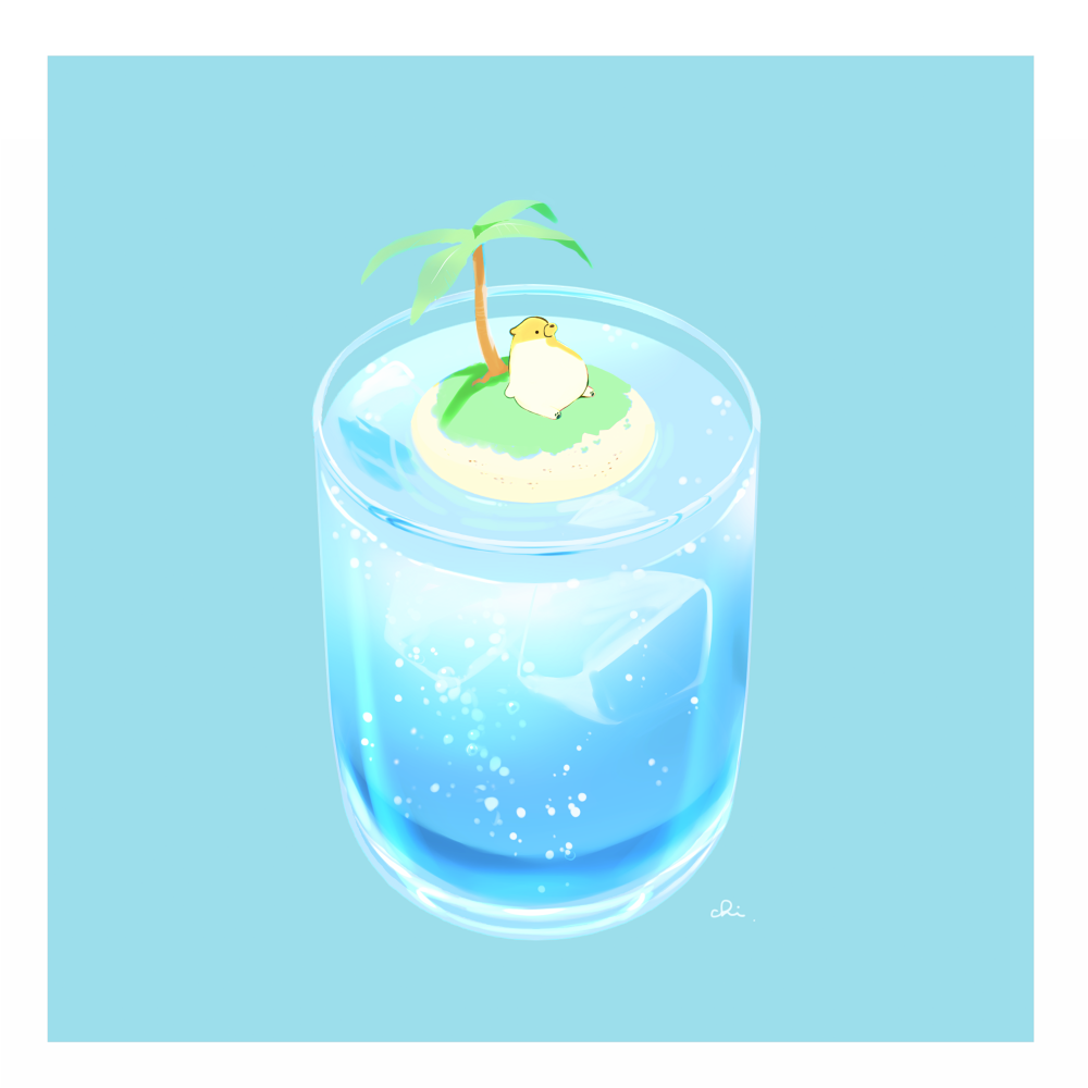 animal_focus, beach, blue_background, border, chai_(drawingchisanne), coconut_tree, commentary_request, cup