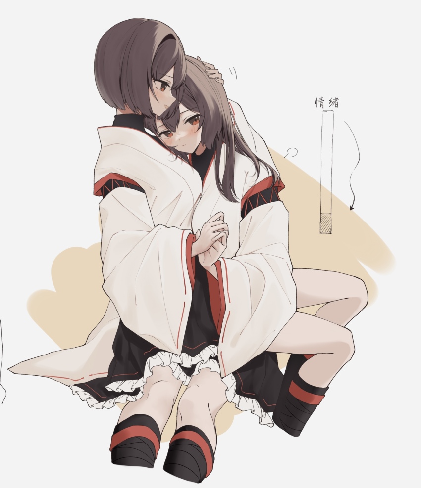 2girls, blush, breasts, brown_hair, closed_mouth, frills, hand_on_another's_head, highres