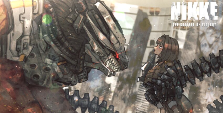 1girl, 1other, brown_coat, brown_hair, chatterbox_(nikke), coat, commander_(nikke), copyright_name, female_commander_(nikke), frown, genderswap, genderswap_(mtf), glowing, glowing_eyes, goddess_of_victory:_nikke, grey_eyes, hair_intakes, highres, kouwelm, mechanical_tail, necktie, non-humanoid_robot, rapture_(nikke), red_eyes, restrained, robot, ruins, sharp_teeth, short_hair, tail, teeth, white_necktie