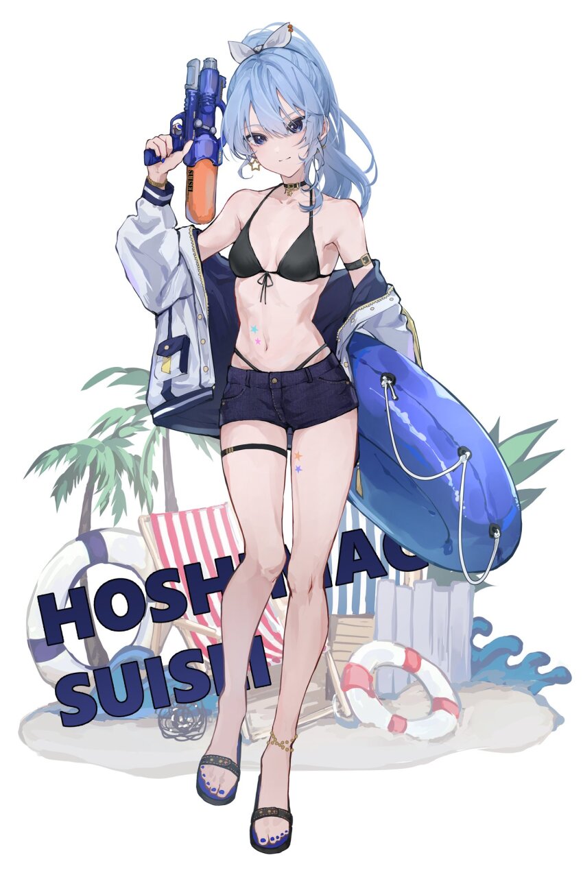 1girl, anklet, arm_belt, bare_shoulders, bikini, bikini_under_clothes, black_bikini, blue_eyes