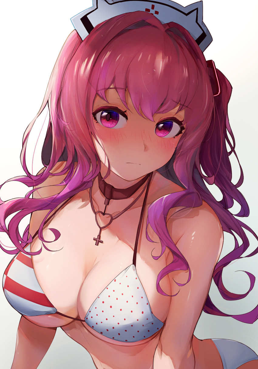 1girl, bare_shoulders, bikini, blush, breasts, cleavage, closed_mouth, collarbone