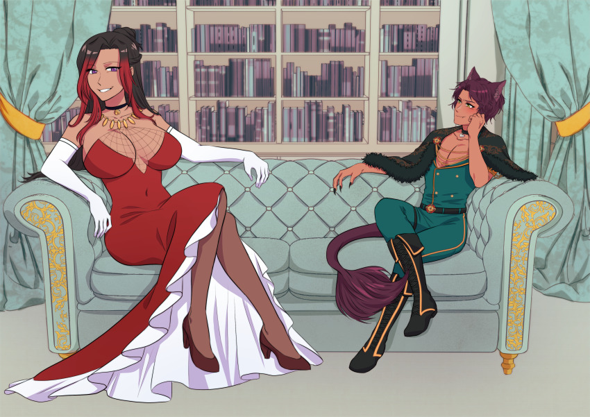 1boy, 1futa, absurdres, beast_of_gevaudan, blush, boots, breasts, couch, couple, dark-skinned_male, dark_skin, draugrnaut, dress, frilled_dress, frills, futa_with_male, futa_without_pussy, futanari, high_heels, highres, indie_virtual_youtuber, kana7o, kono_subarashii_sekai_ni_shukufuku_wo!, kono_subarashii_sekai_ni_shukufuku_wo!:_kurenai_densetsu, large_breasts, library, light_smile, military_uniform, newhalf_with_male, non-web_source, purple_eyes, sylvia_(konosuba), virtual_youtuber, wolf_boy