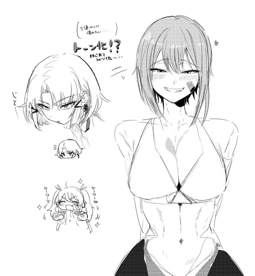 3girls, :d, bandaid, bandaid_on_cheek, bandaid_on_face, bare_shoulders, blush, breasts