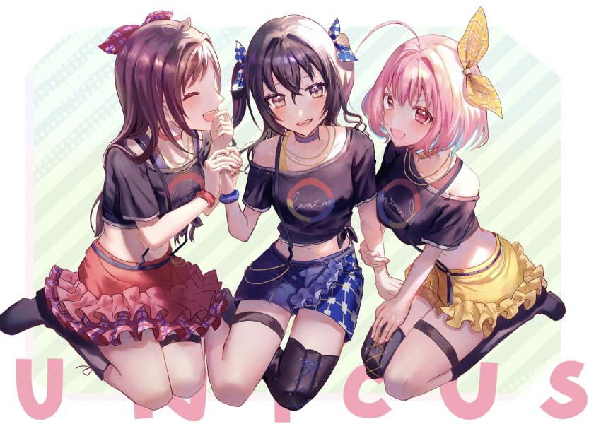 unicus_(idolmaster), 3girls, ahoge, aqua_hair, asymmetrical_footwear, belt, black_belt, black_footwear, black_shirt, blue_choker, blue_ribbon, blue_skirt, bob_cut, boots, breasts, brown_hair, choker, collarbone, colored_inner_hair, crop_top, fangs, fingernails, frilled_skirt, frills, group_name, hair_between_eyes, hair_intakes, hair_ribbon, hand_on_another's_arm, highres, holding_hands, idolmaster, idolmaster_cinderella_girls, idolmaster_cinderella_girls_starlight_stage, jewelry, knee_boots, large_breasts, long_nose, looking_at_viewer, medium_breasts, midriff, mismatched_footwear, mole, mole_under_eye, multicolored_hair, multiple_girls, nail_art, nail_polish, navel, necklace, nose, o-ring, o-ring_belt, off-shoulder_shirt, off_shoulder, open_mouth, pink_eyes, pink_hair, pink_nails, plaid_ribbon, polka_dot, polka_dot_background, print_shirt, red_choker, red_ribbon, red_skirt, ribbon, seiza, sharp_teeth, shirt, short_sleeves, single_boot, single_knee_boot, sitting, skirt, smile, stomach, striped_background, sunazuka_akira, suspenders, syouyugoblin, teeth, thigh_strap, tied_shirt, tsujino_akari, twintails, two-tone_hair, white_background, yellow_choker, yellow_eyes, yellow_ribbon, yellow_skirt, yokozuwari, yumemi_riamu
