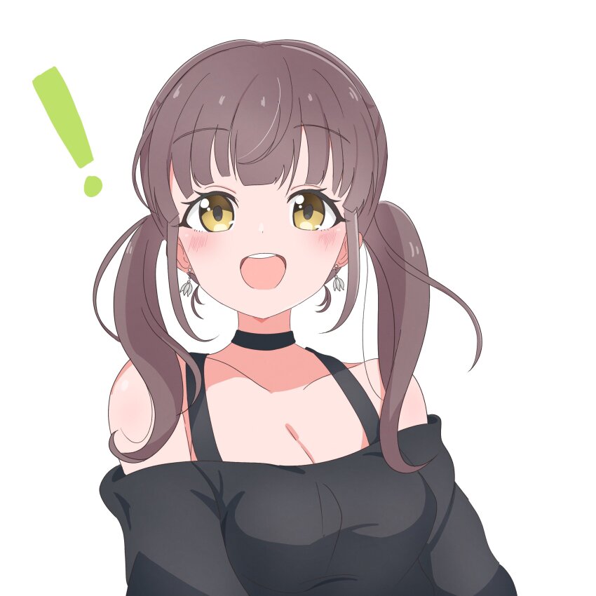 !, 1girl, :d, bare_shoulders, black_choker, black_shirt, blush, breasts, brown_hair, choker, choppy_bangs, cleavage, collarbone, dot_nose, earrings, flower_earrings, highres, idoly_pride, jewelry, kon_wel72, long_bangs, long_hair, long_sleeves, low_twintails, medium_breasts, off-shoulder_shirt, off_shoulder, open_mouth, raised_eyebrows, shirt, sidelocks, simple_background, smile, solo, suzumura_yuu, teeth, twintails, upper_body, upper_teeth_only, white_background, yellow_eyes