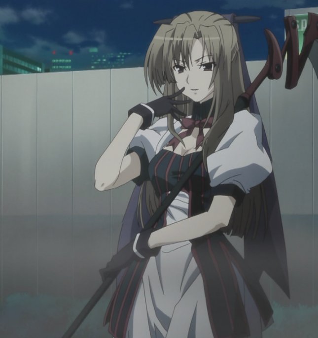 1girl, anime_screenshot, breasts, brown_hair, cleavage, dress, female_focus, gloves, goth_fashion, outdoors, scythe, sekirei, sky, smile, solo, stitched, third-party_edit, yomi_(sekirei)