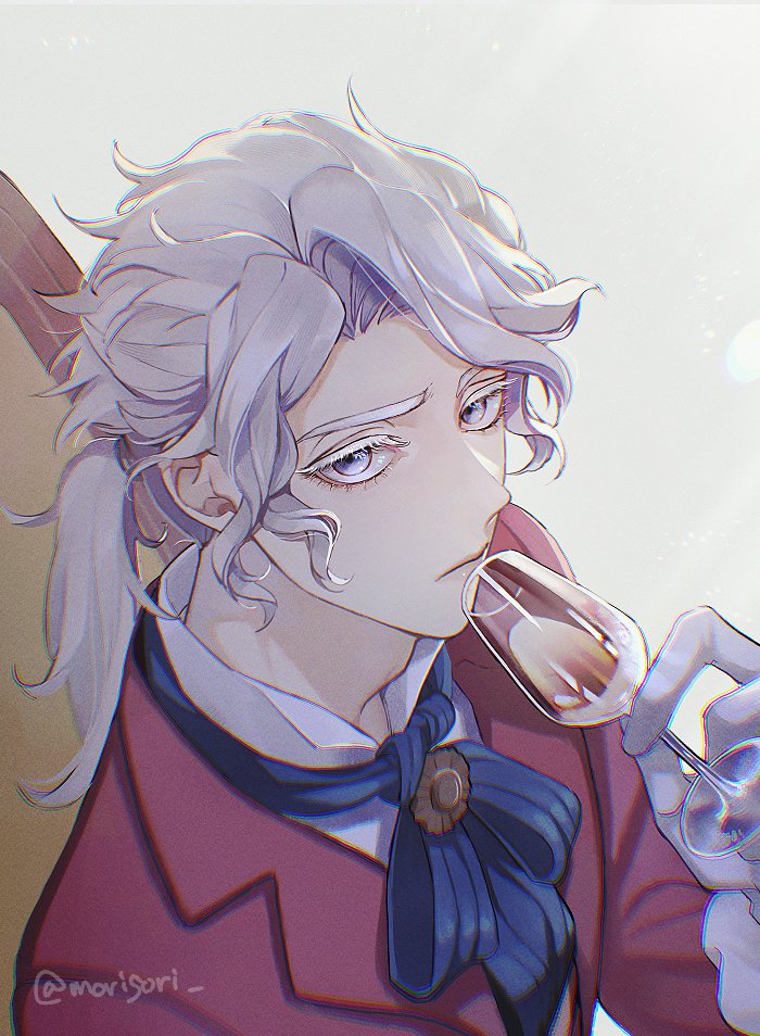 1boy, alcohol, ascot, blue_ascot, brooch, chair, closed_mouth, colored_eyelashes