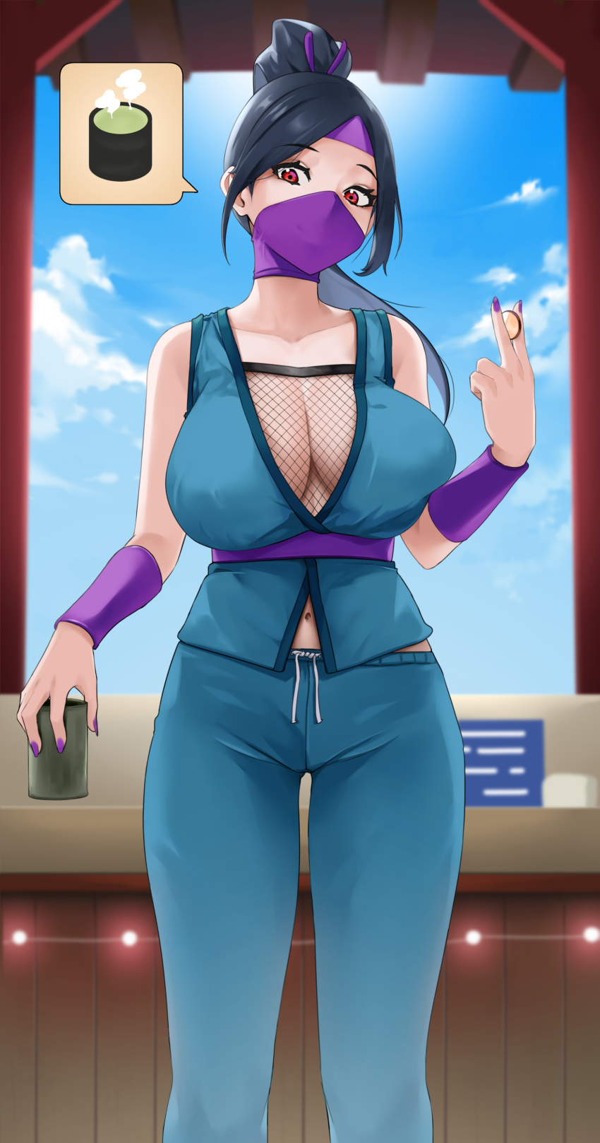 1girl, absurdres, arm_guards, bare_shoulders, black_hair, blue_pants, blue_shirt, breasts
