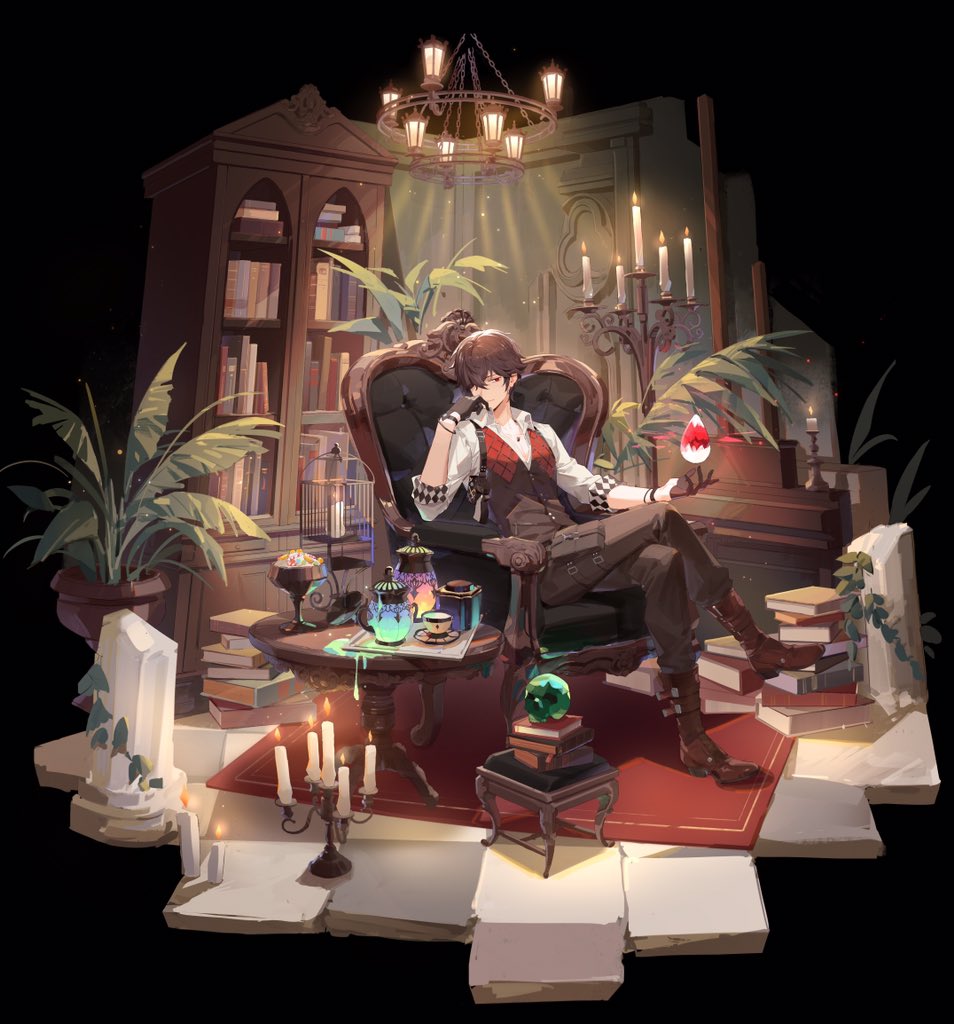 1boy, argyle, armchair, black_background, black_gloves, black_pants, black_vest, book