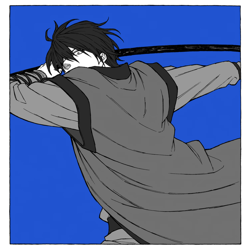 1boy, akatsuki_no_yona, blue_background, border, covered_mouth, hair_between_eyes, hak_(akatsuki_no_yona), highres