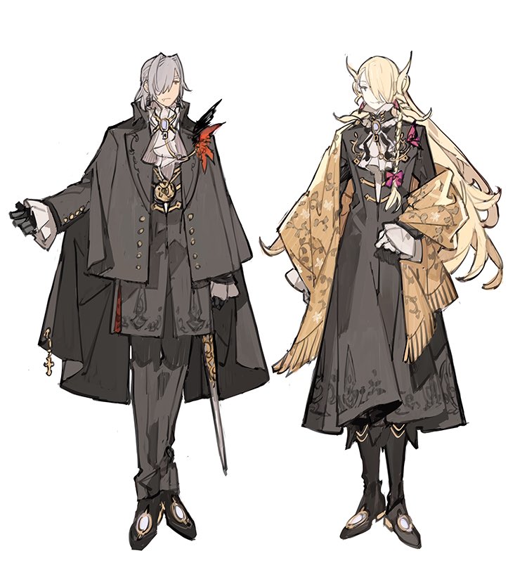 2boys, :|, antonio_salieri_(fate), antonio_salieri_(masquerade_of_the_vampire)_(fate), antonio_salieri_(second_ascension)_(fate), ascot, black_boots, black_cloak, black_coat, black_gloves, black_jacket, black_ribbon, blonde_hair, boots, braid, brooch, butterfly_earrings, cage_earrings, chinese_commentary, cloak, closed_mouth, coat, cross, cuff_links, curly_hair, earrings, fang, fate/grand_order, fate_(series), feathers, frilled_sleeves, frills, fringe_trim, full_body, gloves, grey_eyes, grey_hair, hair_intakes, hair_over_one_eye, hair_ribbon, half_updo, hand_up, jacket, jewelry, jitome, latin_cross, long_hair, long_sleeves, looking_at_viewer, male_focus, medallion, multiple_boys, neck_ribbon, official_alternate_costume, pants, purple_ribbon, red_eyes, ribbon, ring, shawl, sheath, shirt, shoes, short_hair, side_braid, simple_background, smile, standing, starshadowmagician, white_ascot, white_background, white_gloves, white_shirt, wolfgang_amadeus_mozart_(fate), wolfgang_amadeus_mozart_(masquerade_of_the_vampire)_(fate), yellow_shawl