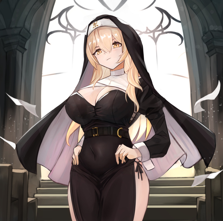 1girl, absurdres, belt, black_dress, blonde_hair, breasts, cleavage, closed_mouth