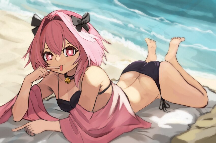 1boy, absurdres, astolfo_(fate), bad_id, bad_pixiv_id, beach, bell, bikini, black_bikini, black_bow, bow, butt_crack, closed_mouth, fate/apocrypha, fate_(series), hair_between_eyes, hair_bow, hair_intakes, highres, jingle_bell, looking_at_viewer, lying, medium_hair, multicolored_hair, neck_bell, ocean, on_stomach, pink_eyes, pink_hair, sand, solo, swimsuit, tchairss, tongue, tongue_out, white_hair