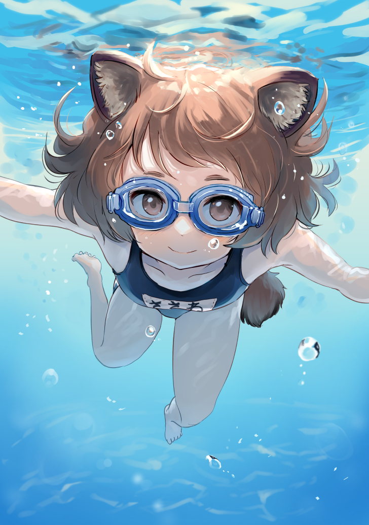 1girl, air_bubble, animal_ears, batta_(kanzume_quality), blue_one-piece_swimsuit, breasts, bubble, character_request, glasses, kitsune_no_oyome-chan_to_musuko-chan, looking_at_viewer, medium_hair, name_tag, one-piece_swimsuit, school_swimsuit, small_breasts, solo, submerged, swimming, swimsuit, tagme, tail, underwater
