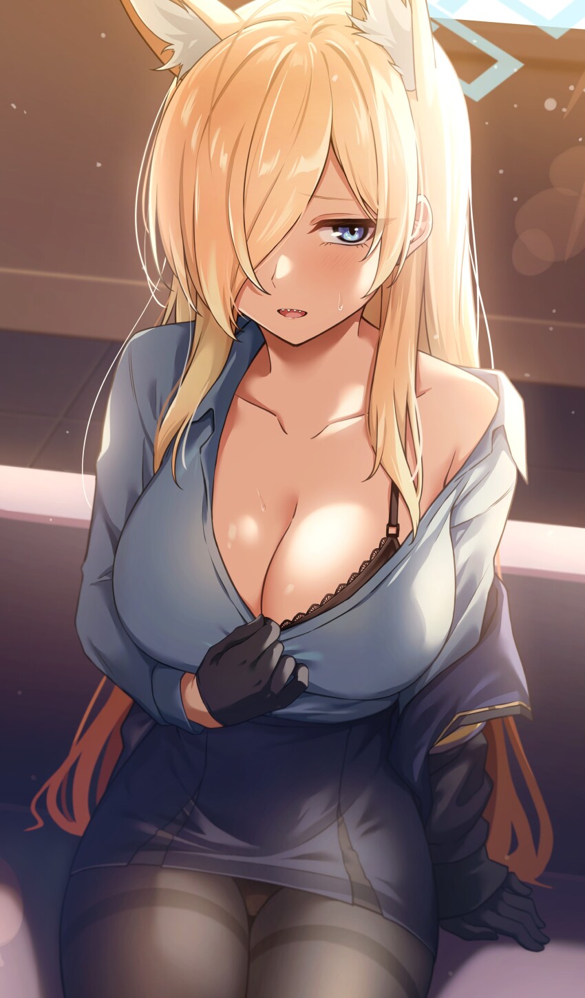 1girl, absurdres, animal_ear_fluff, animal_ears, asymmetrical_bangs, black_bra, black_gloves, black_pantyhose, blonde_hair, blue_archive, blue_shirt, blue_skirt, bra, breasts, cleavage, clothes_pull, collarbone, couch, fox_ears, gloves, hair_over_one_eye, halo, highres, indoors, kanna_(blue_archive), large_breasts, looking_at_viewer, on_couch, one_eye_covered, panties, pantyhose, pantyshot, shirt, shirt_pull, single_bare_shoulder, sitting, skirt, solo, tennen_inari, underwear