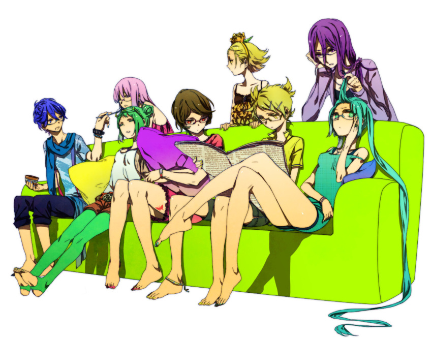 3boys, 5girls, anklet, aqua_eyes, aqua_hair, aqua_nails, bad_id, bad_pixiv_id, barefoot, bespectacled, blonde_hair, blue_eyes, blue_hair, blue_nails, blue_scarf, brown_hair, casual, couch, crossed_legs, everyone, flower, glasses, green_hair, gumi, hair_flower, hair_ornament, hairband, hairclip, hatsune_miku, hatsune_miku_(append), jewelry, kagamine_len, kagamine_rin, kaito_(vocaloid), kamui_gakupo, kunkun_(ysg), leggings, legs, long_hair, megurine_luka, meiko_(vocaloid), multiple_boys, multiple_girls, nail_polish, necklace, pillow, pink_hair, pink_nails, purple_eyes, purple_hair, purple_nails, reading, red_eyes, scarf, short_hair, simple_background, sitting, toeless_legwear, toenail_polish, toenails, twintails, very_long_hair, vocaloid, vocaloid_append, watch, wristwatch, yellow_eyes, yellow_nails