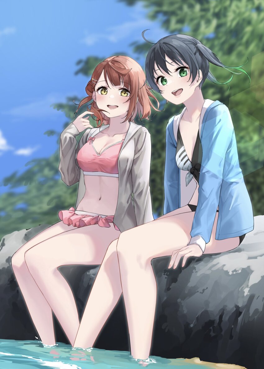 2girls, bikini, black_bikini, black_hair, blue_jacket, blunt_bangs, blurry, blurry_background