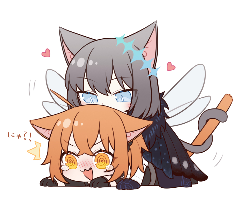 1boy, 1girl, @_@, animal_ears, blue_eyes, blush, cat_boy, cat_ears, cat_girl, cat_tail, chibi, commentary_request, fate/grand_order, fate_(series), fujimaru_ritsuka_(female), fujimaru_ritsuka_(female)_(polar_chaldea_uniform), grey_hair, heart, herliearse, highres, oberon_(fate), oberon_(third_ascension)_(fate), on_ground, orange_eyes, orange_hair, sitting, sitting_on_person, spoilers, tail, tears, wings
