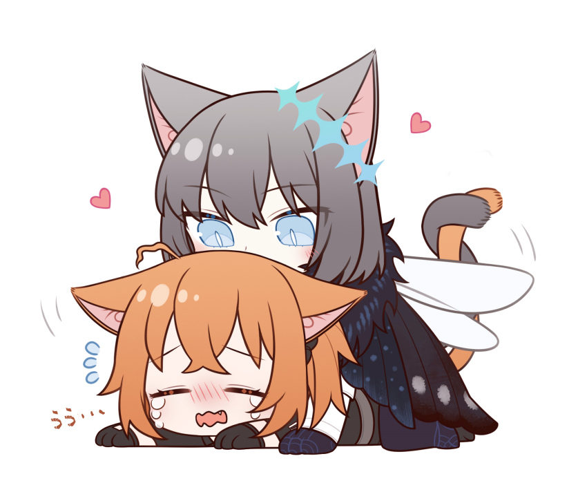 1boy, 1girl, blush, cat_boy, cat_girl, cat_tail, chibi, commentary_request, crying, fang, fate/grand_order, fate_(series), flying_sweatdrops, fujimaru_ritsuka_(female), fujimaru_ritsuka_(female)_(polar_chaldea_uniform), heart, herliearse, highres, oberon_(fate), oberon_(third_ascension)_(fate), on_ground, simple_background, sitting, sitting_on_person, spoilers, tail, tail_wrap, intertwined_tails, white_background, wings