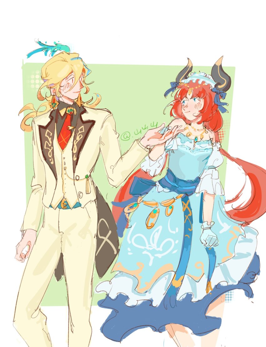 1boy, 1girl, bare_shoulders, black_shirt, blue_bow, blue_dress, blue_eyes, blue_gloves