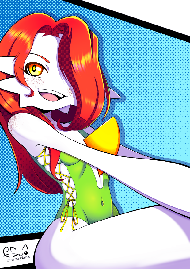 1girl, alternate_color, alternate_hair_length, alternate_hairstyle, alternate_shiny_pokemon, artist_name, bare_shoulders, blue_background