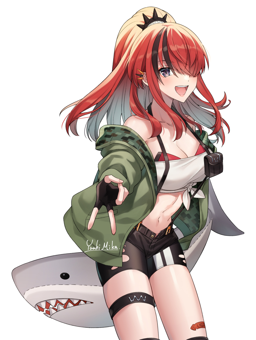 1girl, :d, bandaid_on_thigh, bandeau, bare_shoulders, black_gloves, black_hair, black_shorts