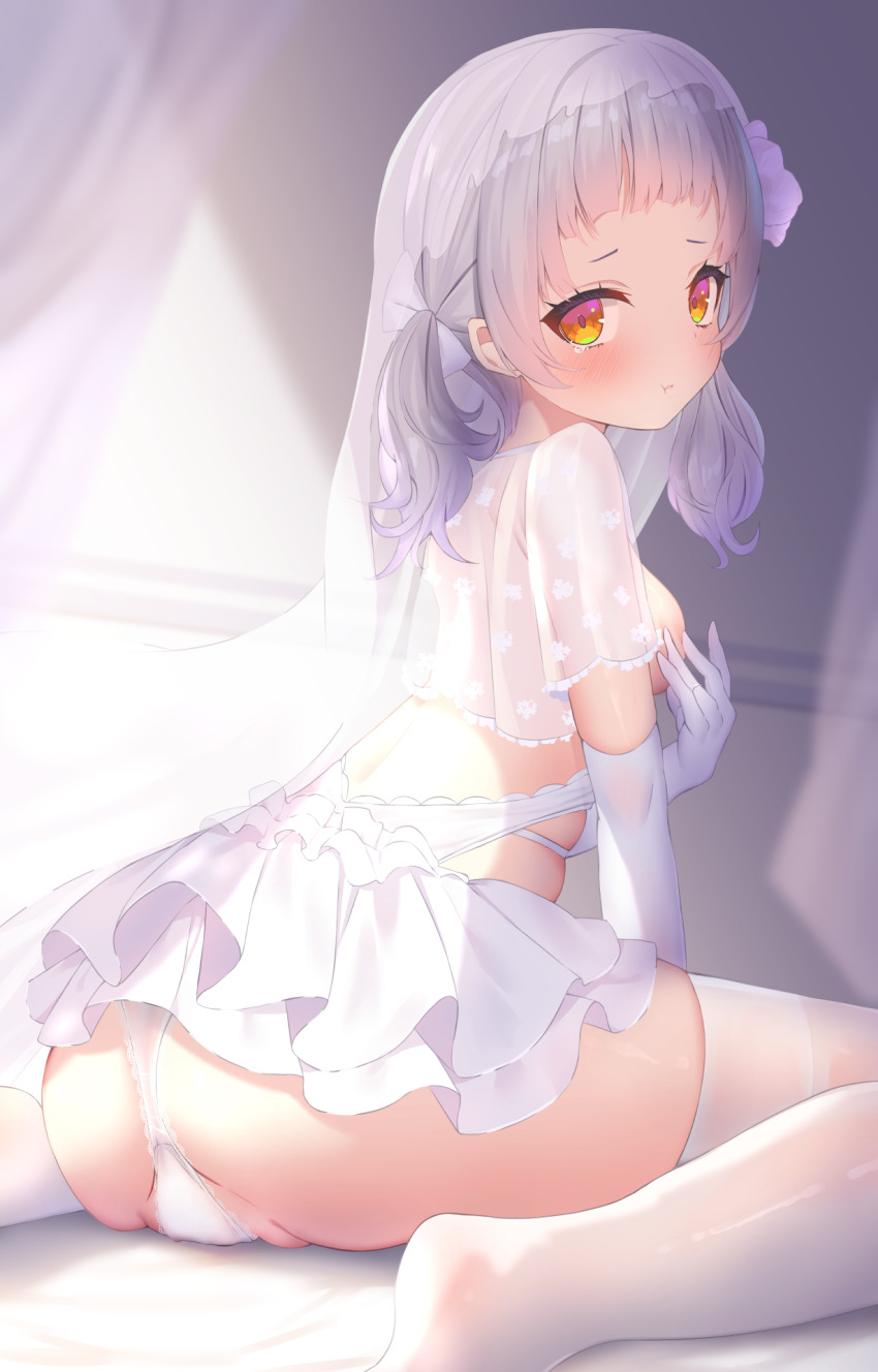 1girl, alternate_costume, blush, breasts, bridal_lingerie, bridal_veil, elbow_gloves, frills