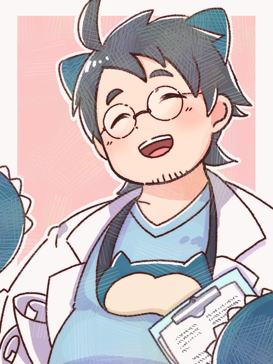 1boy, :d, ahoge, animal_ears, blue_shirt, character_print, clipboard, closed_eyes