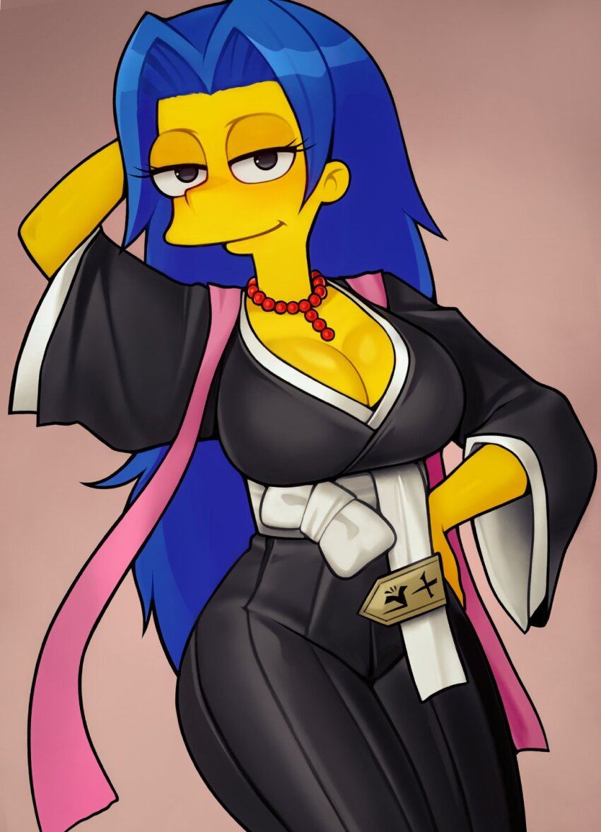 1girl, bleach, blue_hair, breasts, colored_skin, cosplay, cowboy_shot, eyelashes, hand_on_own_hip, highres, japanese_clothes, jewelry, large_breasts, long_hair, loodncrood, looking_at_viewer, marge_simpson, matsumoto_rangiku, matsumoto_rangiku_(cosplay), mature_female, necklace, pearl_necklace, simple_background, smile, solo, the_simpsons, yellow_skin