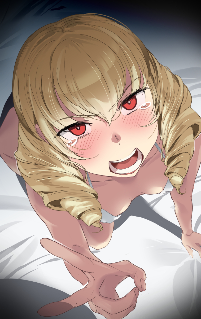 1girl, angry, bikini, blonde_hair, blush, breasts, drill_hair, erika_wagner, highres, long_hair, looking_at_viewer, on_bed, open_mouth, red_eyes, small_breasts, solo, swimsuit, tears, touniyuu, twin_drills, twintails, under_night_in-birth, under_night_in-birth_exe:late[st], v, white_bikini